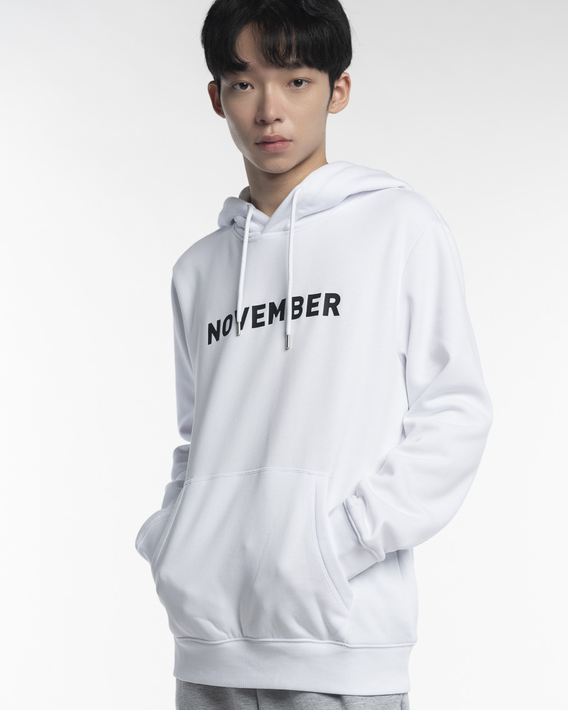 Yishion Men Solid Coloured Long Sleeve Hoodie with Kangaroo Pockets and November Slogan (White)